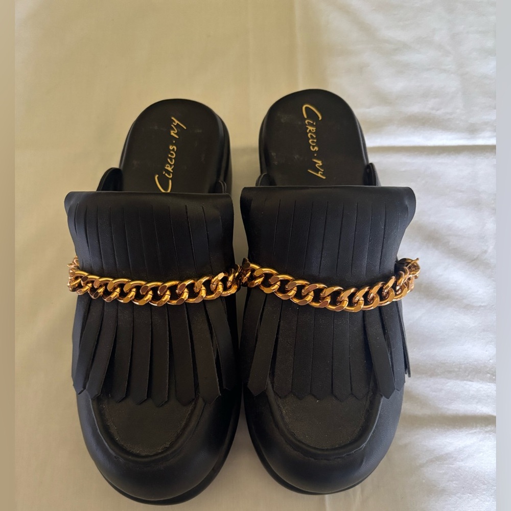 Circus by Sam Edelman Black and Gold Mules with Fringe